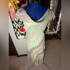 B. Smart Asymmetrical Green and Cream Dress
